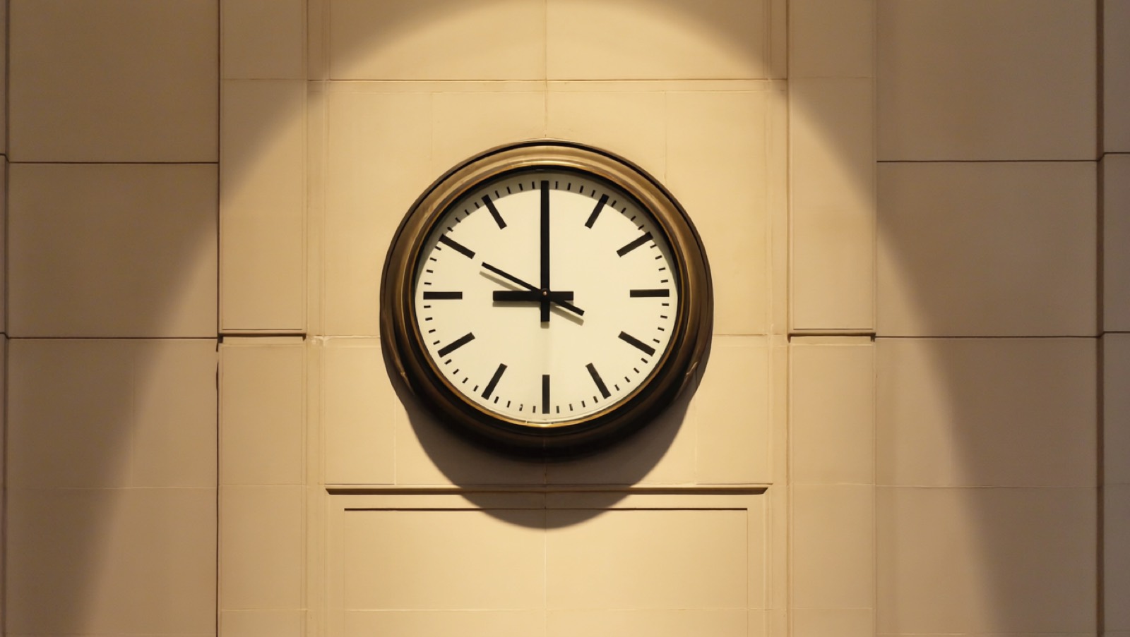 Große runde Wanduhr mit schwarzen Balkenindizes auf weißem Grund und roter kreisförmiger Sekundenscheibe an einer hellen Wand